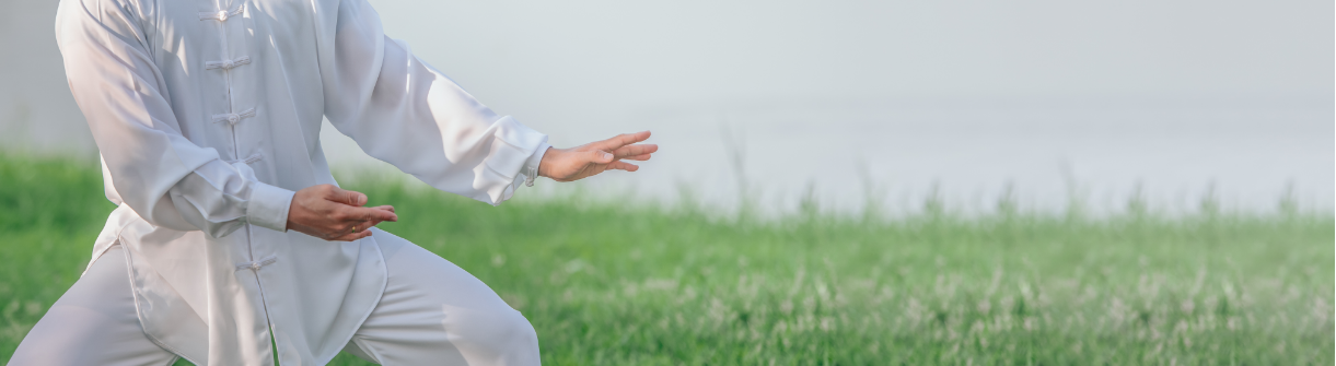 Man doing Tai Chi outside on grass